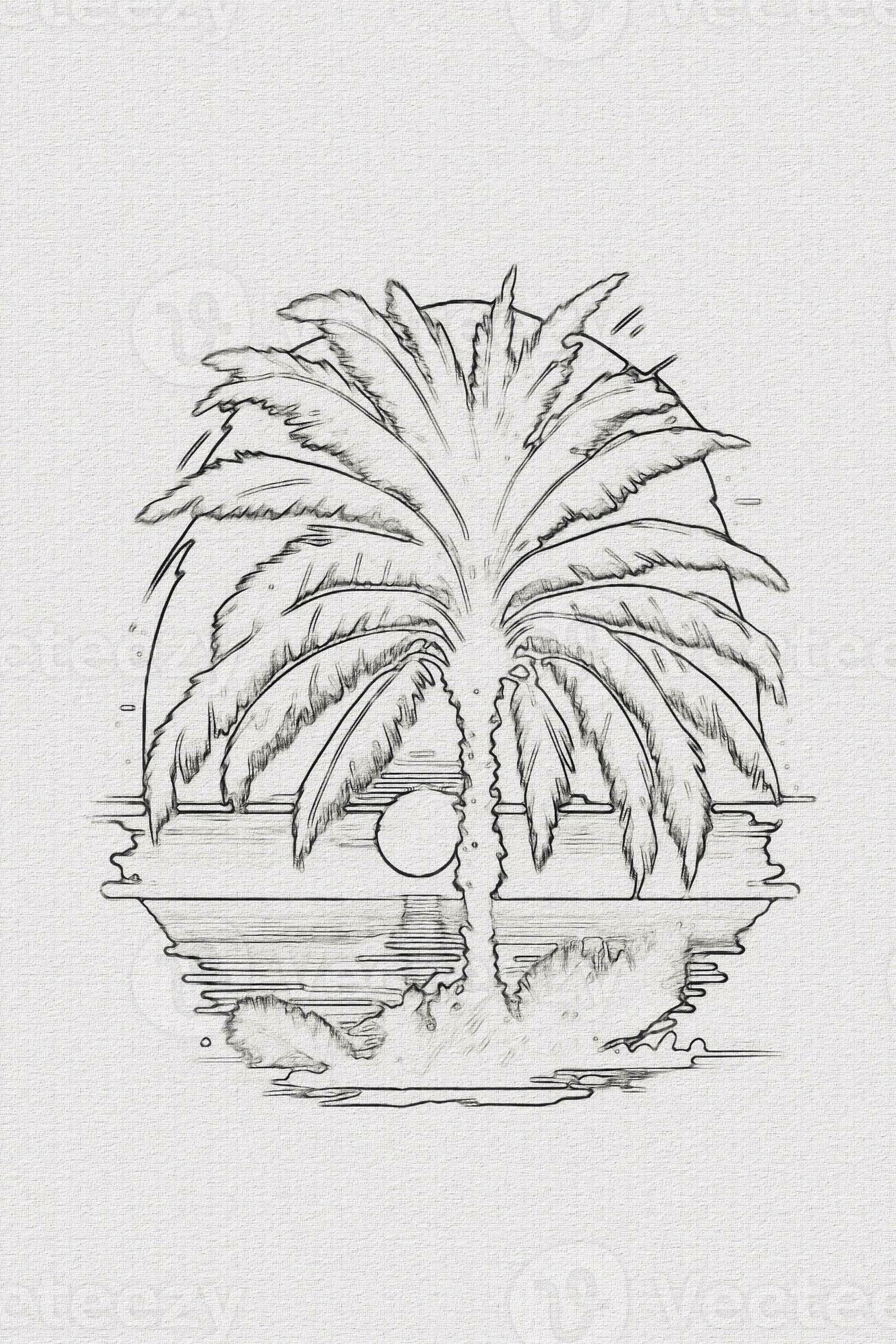 Hand-drawn outline sketch of sunset, mountain, and palm tree ...