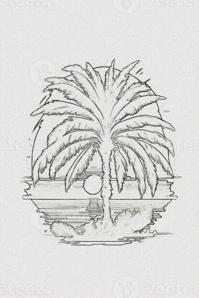 Hand-drawn outline sketch of sunset, mountain, and palm tree illustration for t-shirt design photo