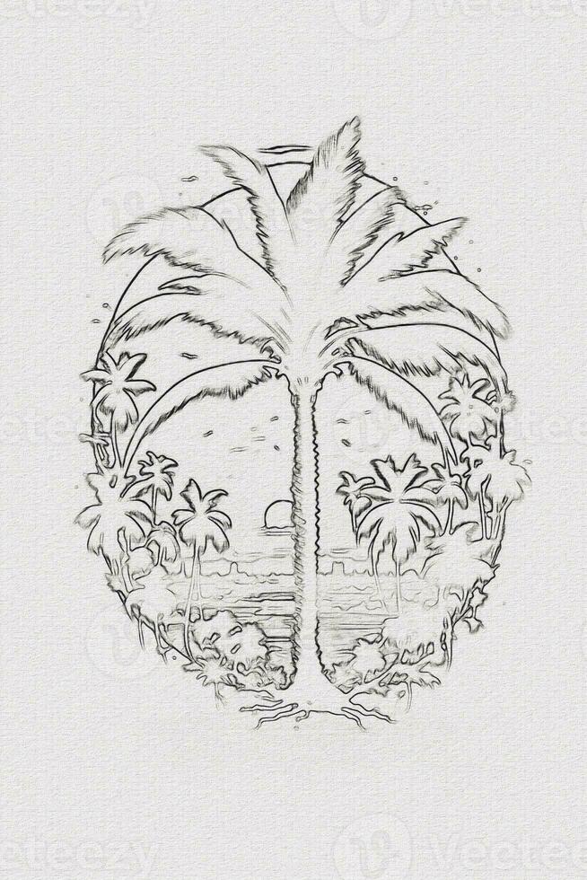 Hand-drawn outline sketch of sunset, mountain, and palm tree illustration for t-shirt design photo