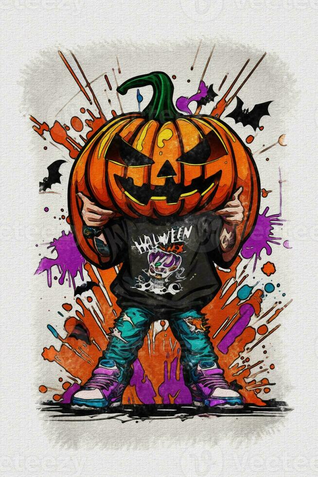 Watercolor texture painting Halloween pumpkin  illustration photo