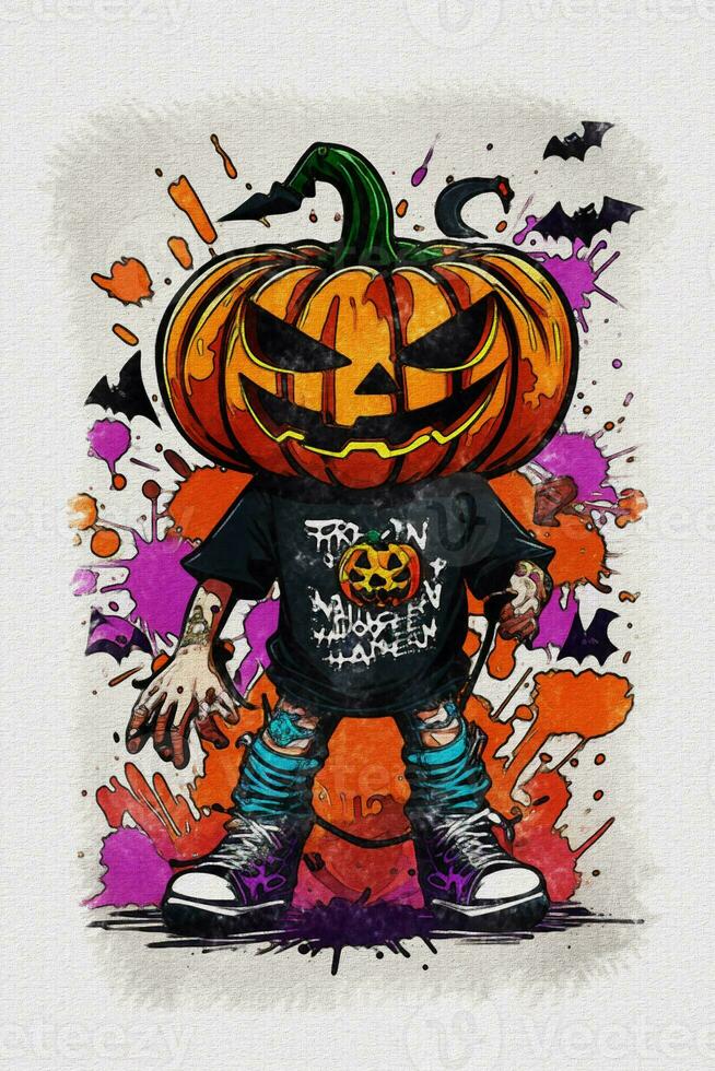 Watercolor texture painting Halloween pumpkin  illustration photo