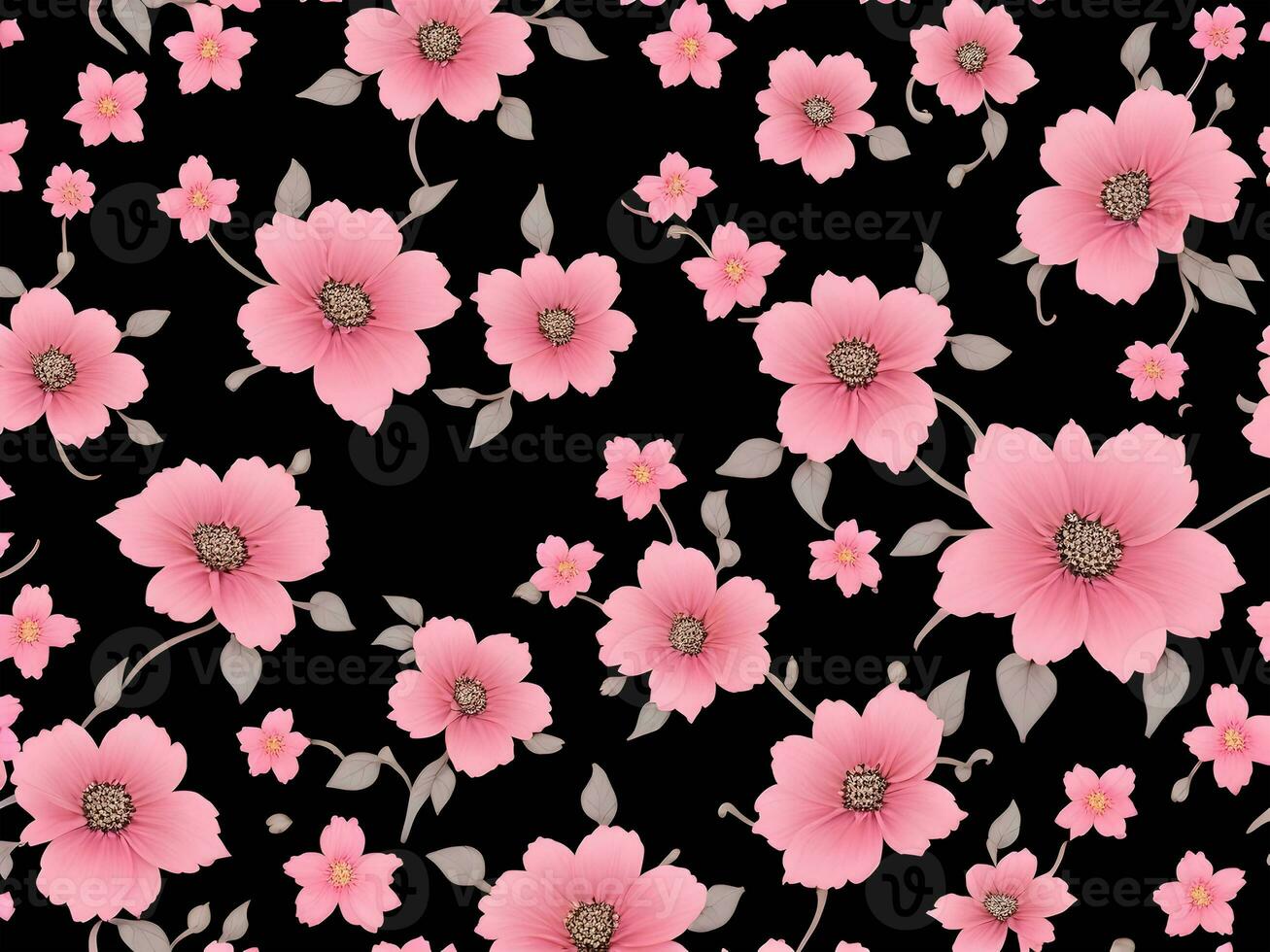 Seamless pattern with pink flowers on a black background photo