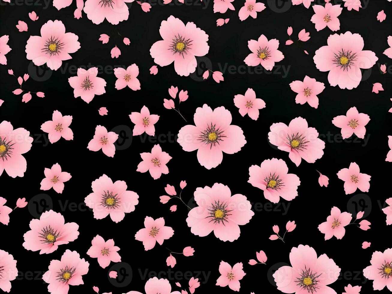 Seamless pattern with pink flowers on a black background photo