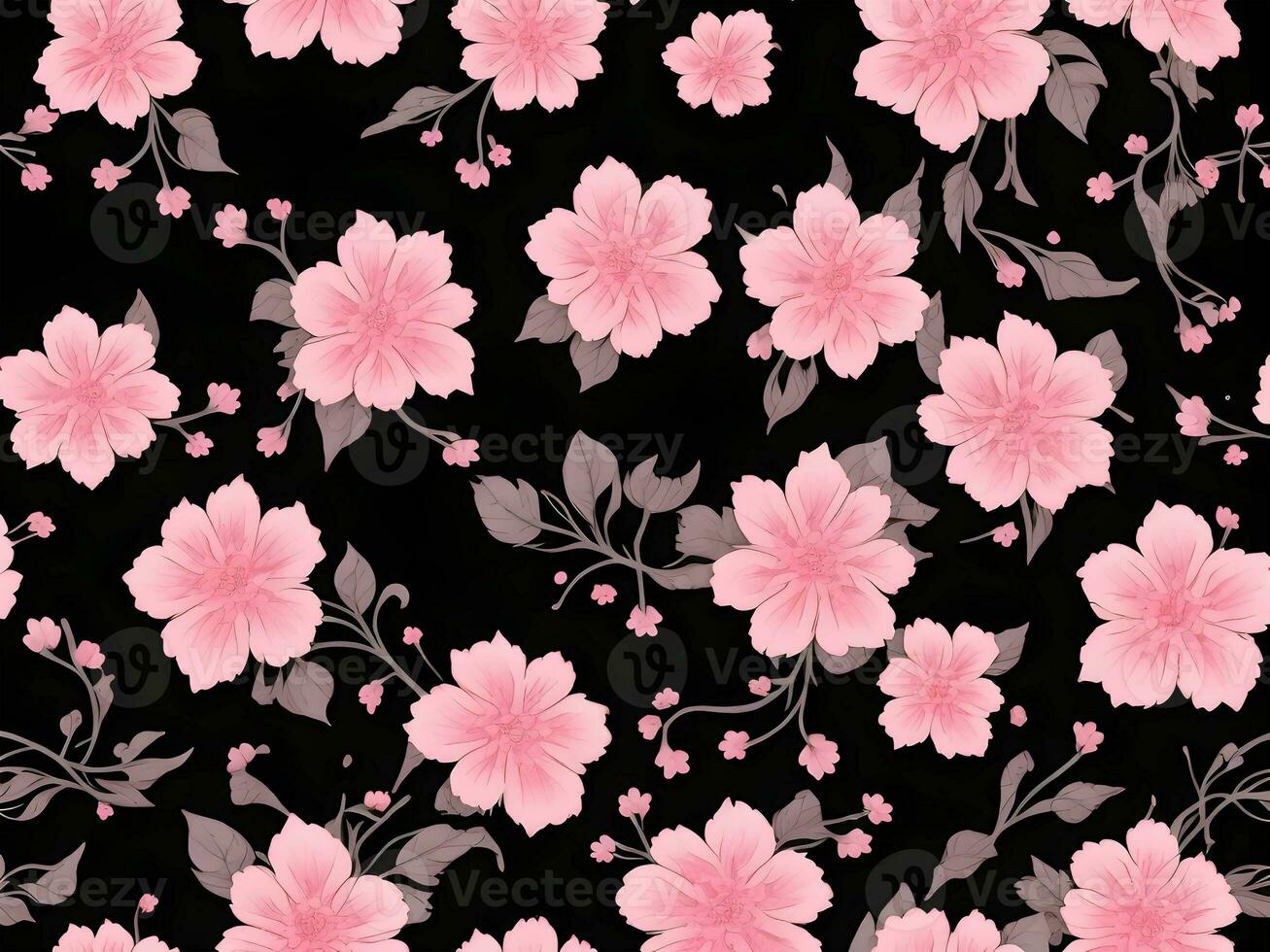Seamless pattern with pink flowers on a black background photo