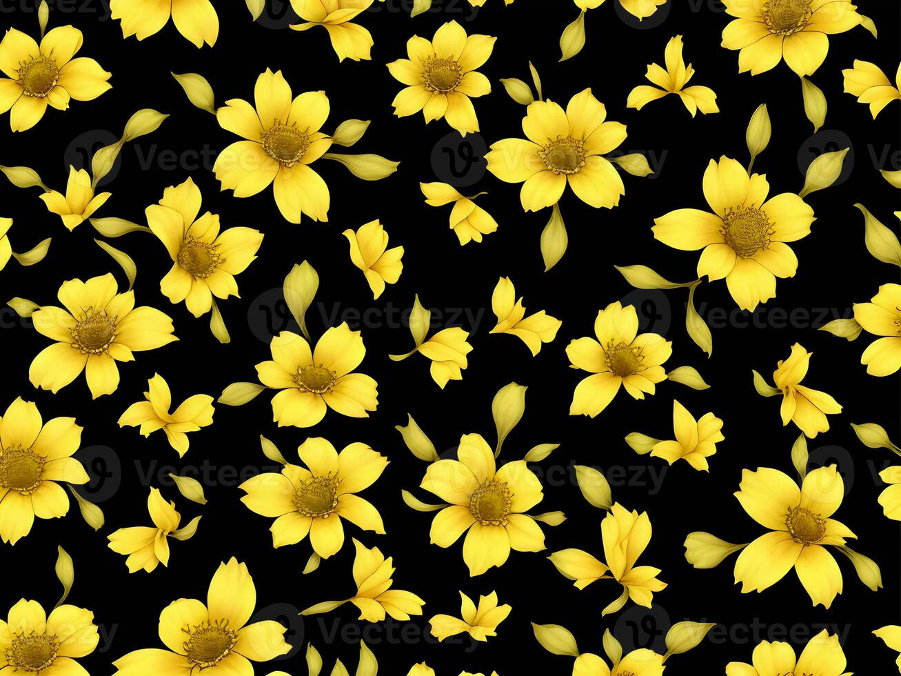 Seamless pattern with yellow color flowers on a black background photo