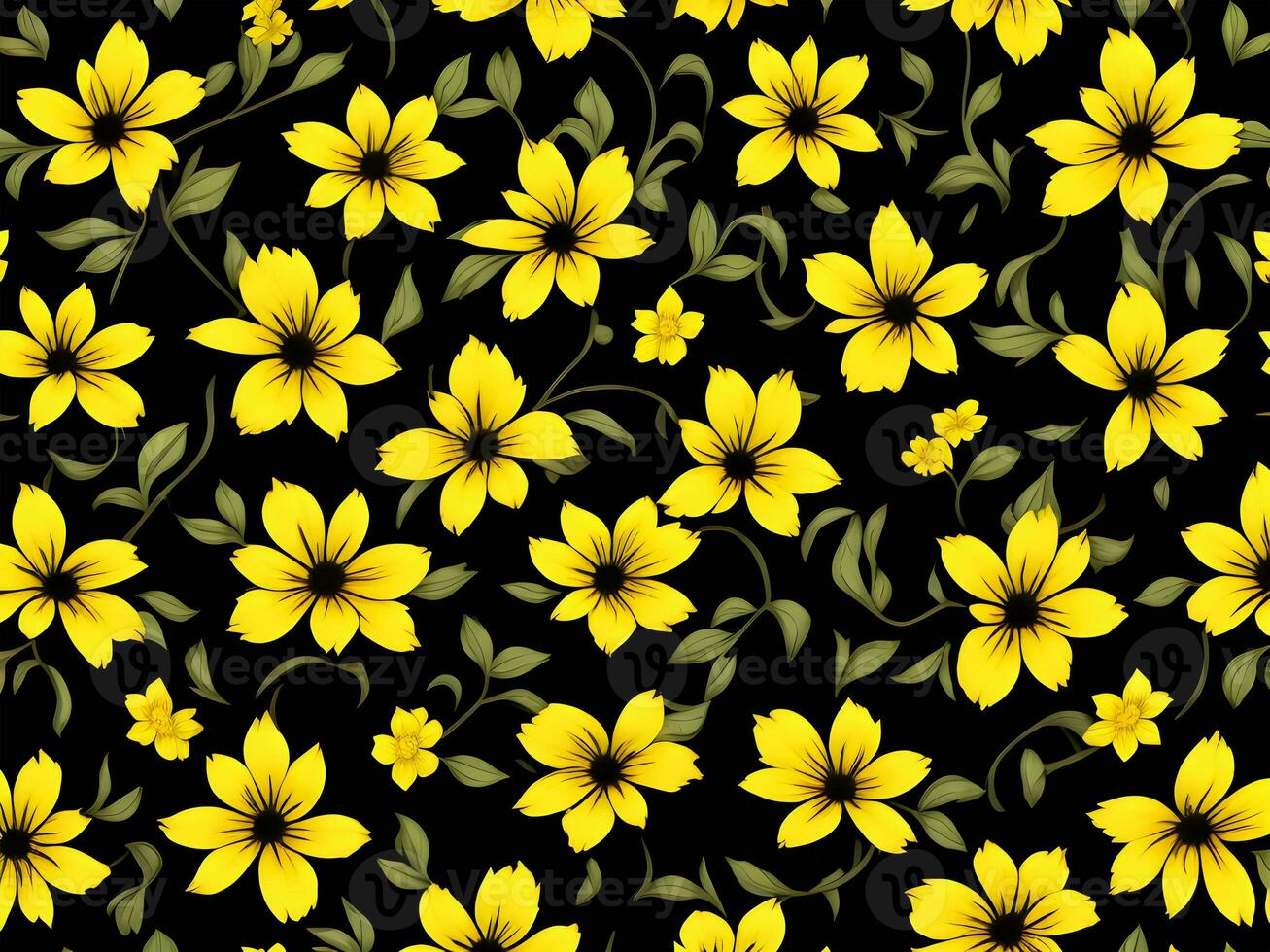 Seamless pattern with yellow color flowers on a black background photo