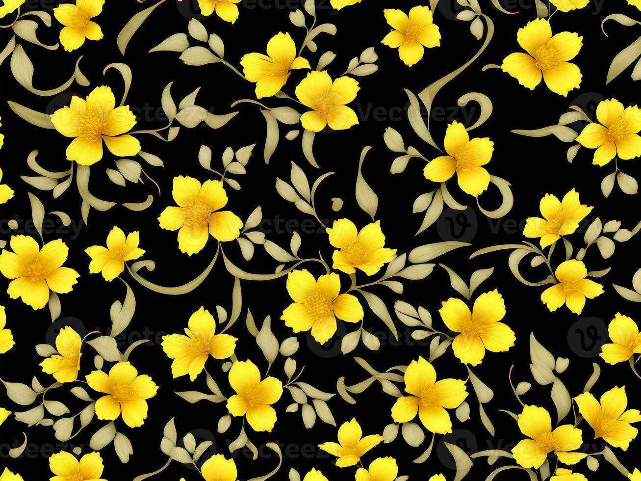 Seamless pattern with yellow color flowers on a black background photo