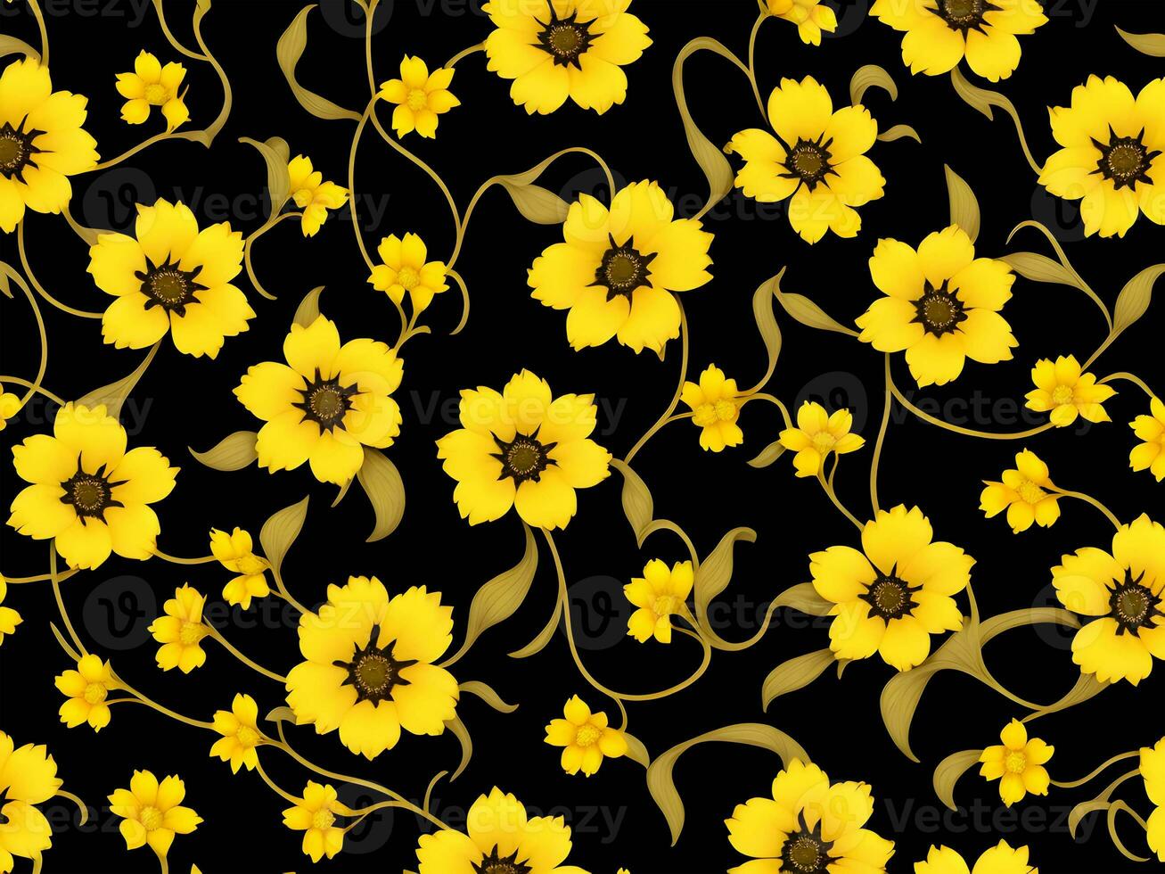 Seamless pattern with yellow color flowers on a black background photo