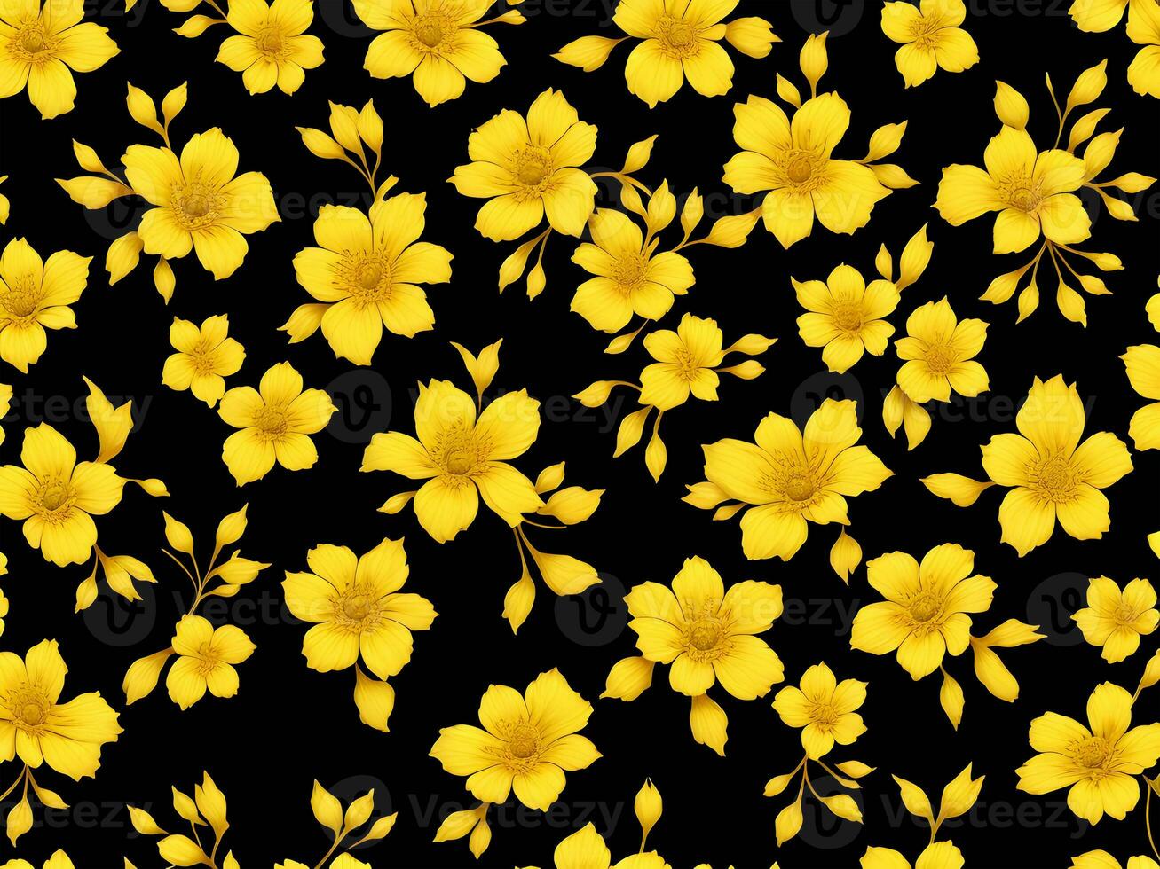 Seamless pattern with yellow color flowers on a black background photo