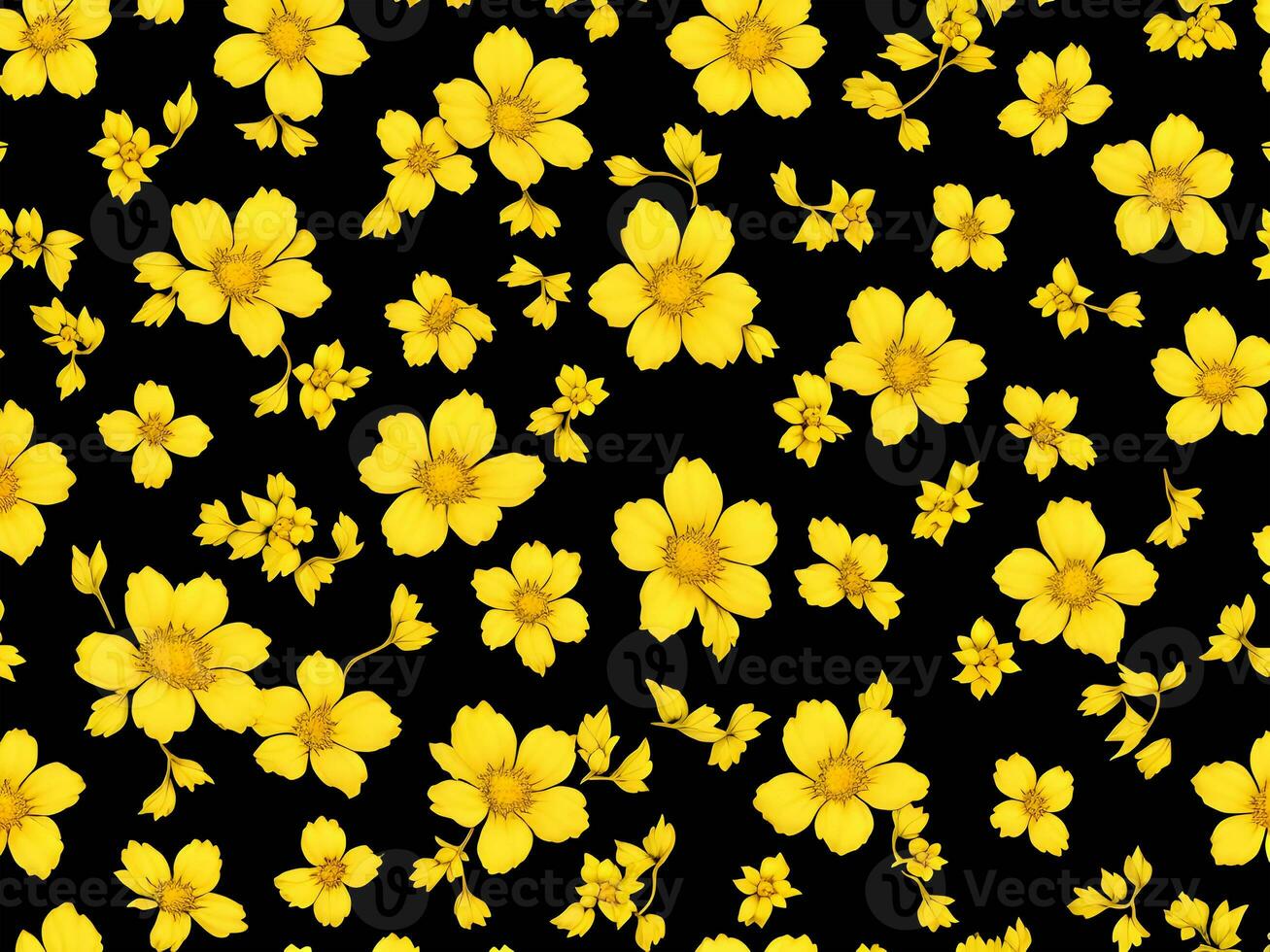 Seamless pattern with yellow color flowers on a black background photo