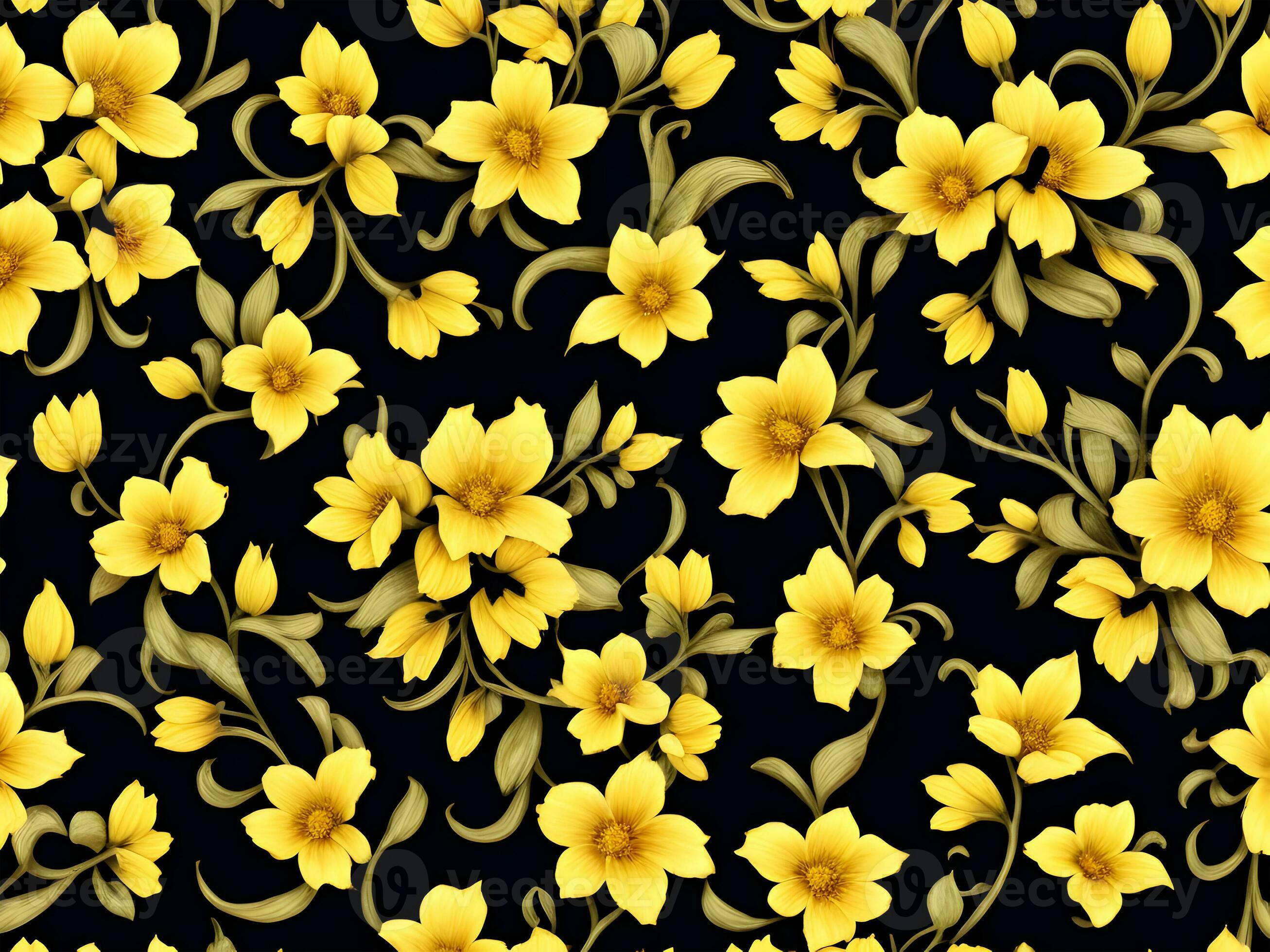 Seamless pattern with yellow color flowers on a black background