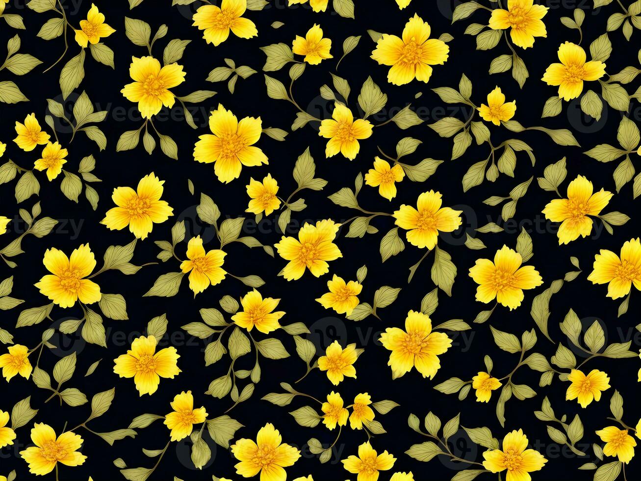 Seamless pattern with yellow color flowers on a black background photo