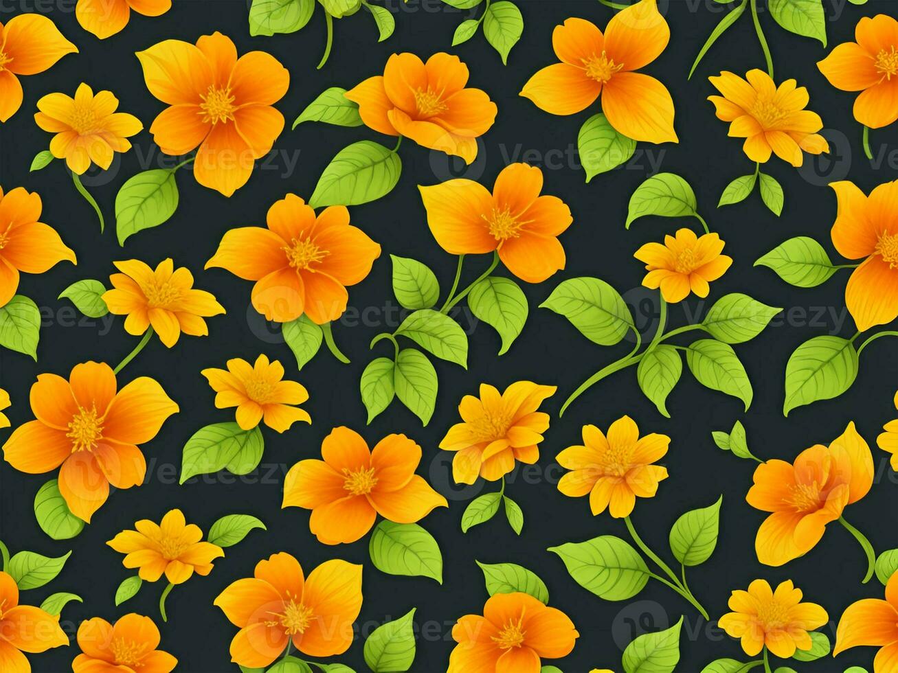 Seamless pattern with yellow and orange gradient color flowers on a black background photo