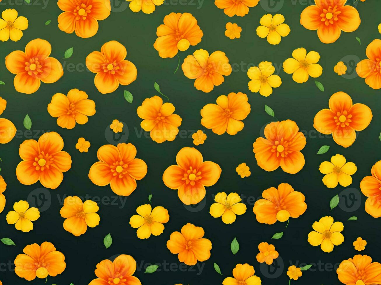 Seamless pattern with yellow and orange gradient color flowers on a black background photo
