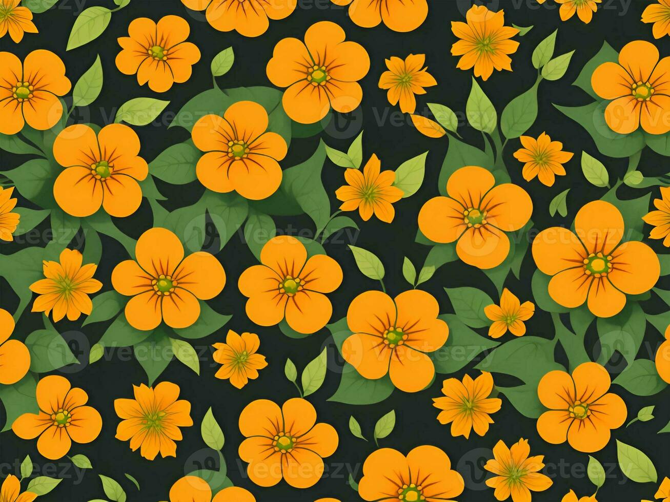 Seamless pattern with yellow and orange gradient color flowers on a black background photo