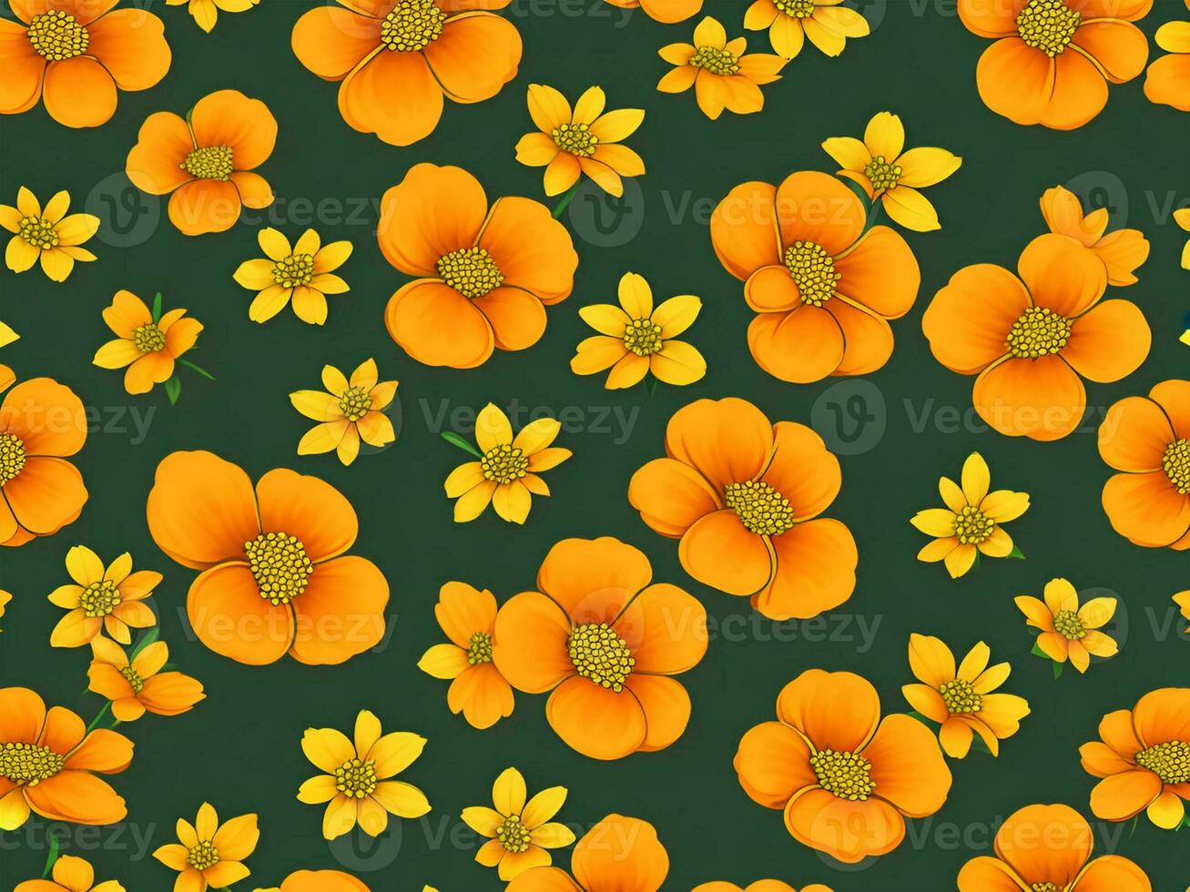 Seamless pattern with yellow and orange gradient color flowers on a black background photo