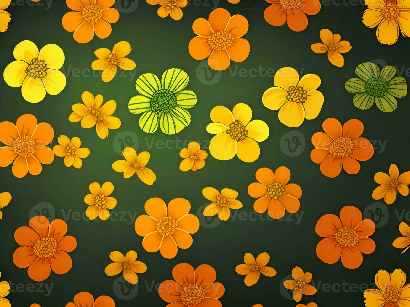 Seamless pattern with yellow and orange gradient color flowers on a black background photo