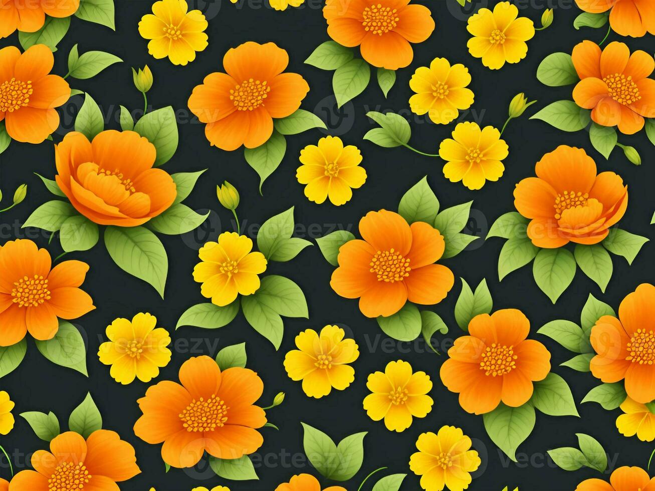 Seamless pattern with yellow and orange gradient color flowers on a black background photo