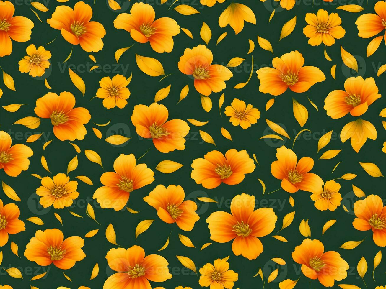 Seamless pattern with yellow and orange gradient color flowers on a black background photo