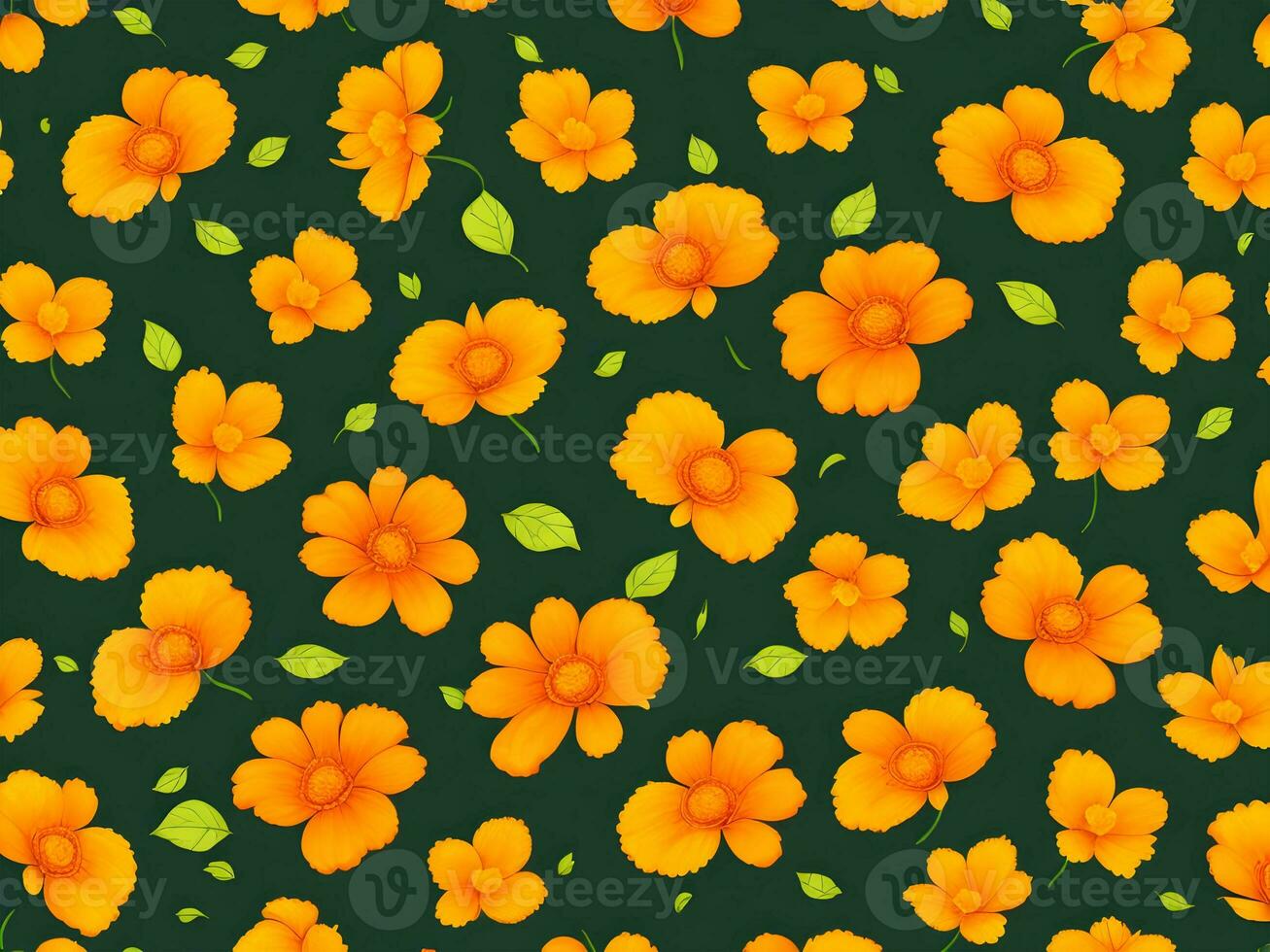 Seamless pattern with yellow and orange gradient color flowers on a black background photo