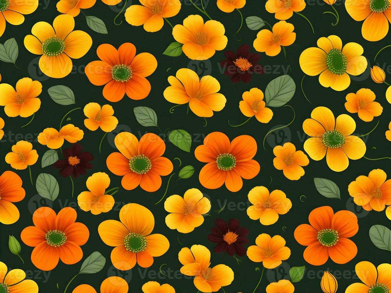 Seamless pattern with yellow and orange gradient color flowers on a black background photo