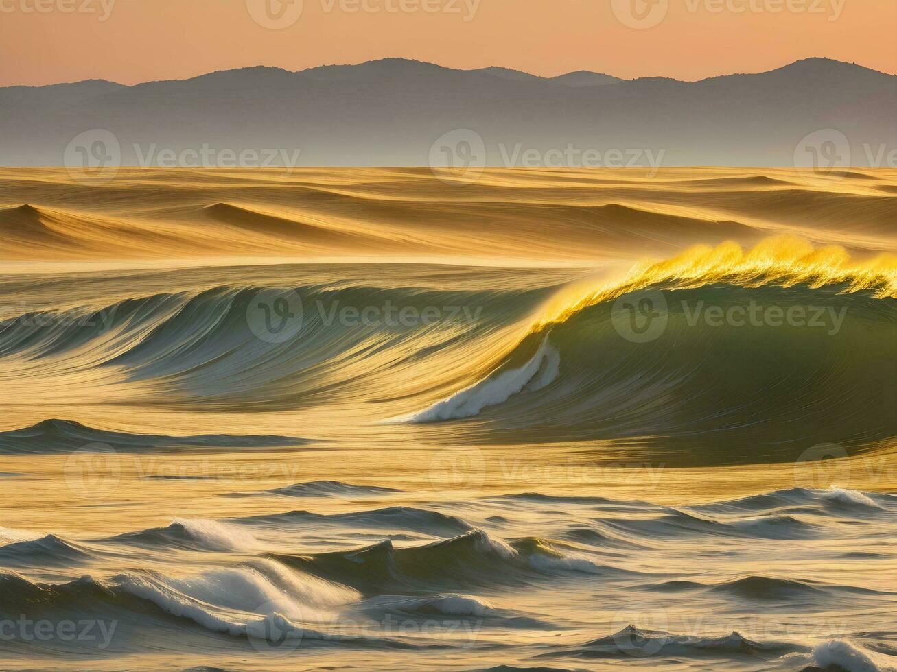 Water waves in the sea with golden color photo