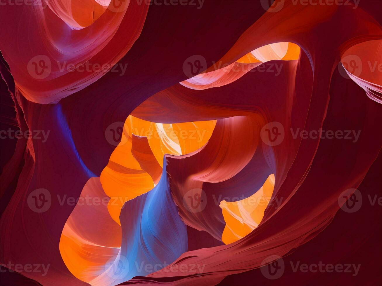 Antelope canyon with vibrant red and blue color nebula swirls photo