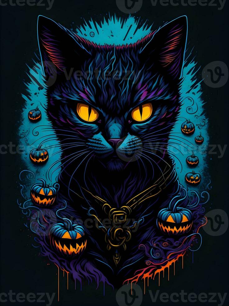 neon black cat on black background for Halloween illustration photo