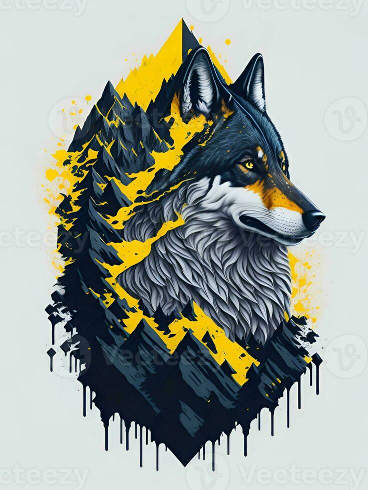 Wolf with mountain and colorful snow illustration on black background for t-shirt design photo