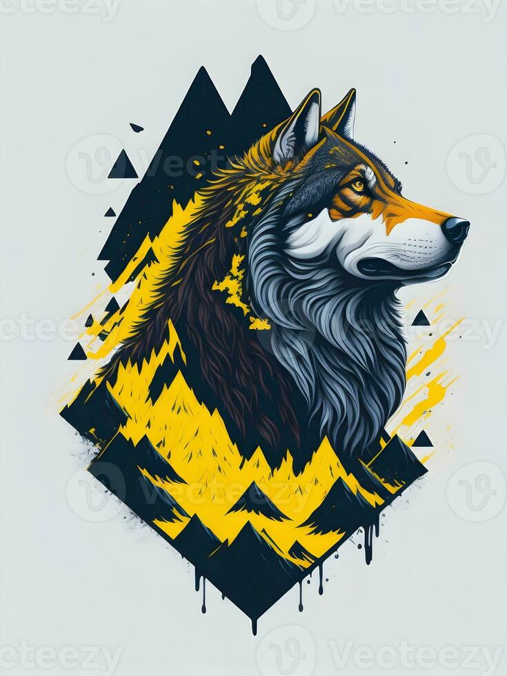 Wolf with mountain and colorful snow illustration on black background for t-shirt design photo