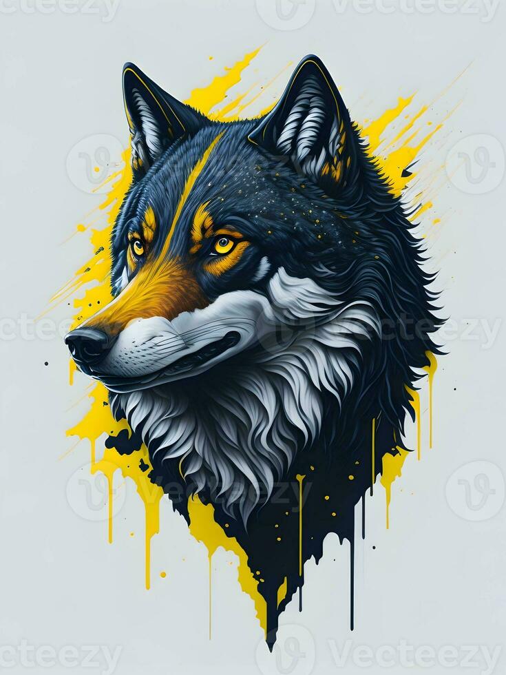 Wolf with mountain and colorful snow illustration on black background for t-shirt design photo