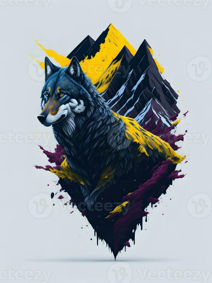 Wolf with mountain and colorful snow illustration on black background for t-shirt design photo