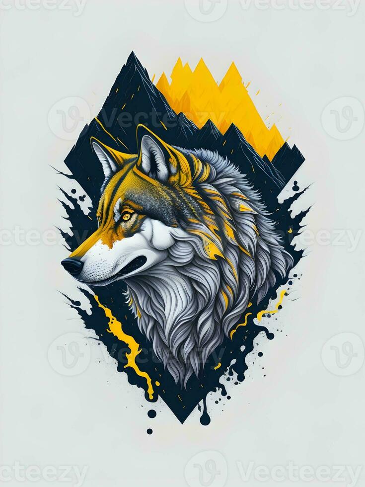 Wolf with mountain and colorful snow illustration on black background for t-shirt design photo