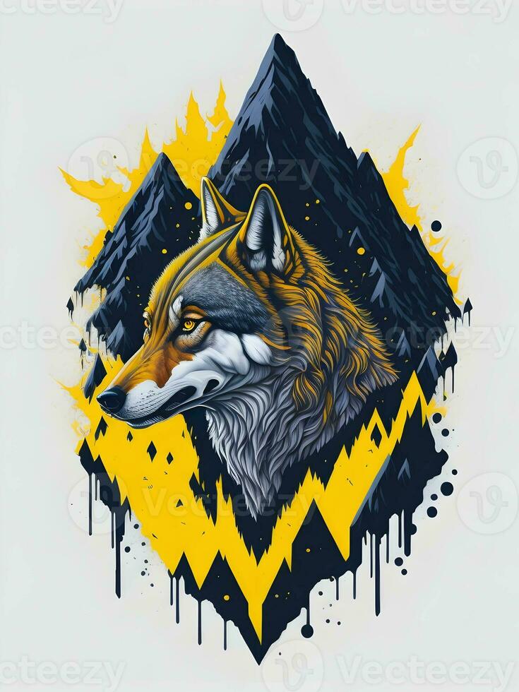 Wolf with mountain and colorful snow illustration on black background for t-shirt design photo