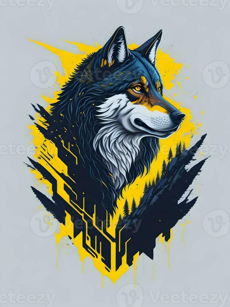 Wolf with mountain and colorful snow illustration on black background for t-shirt design photo