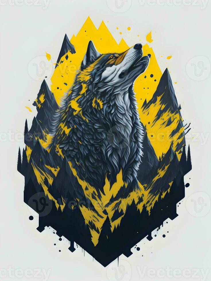 Wolf with mountain and colorful snow illustration on black background for t-shirt design photo