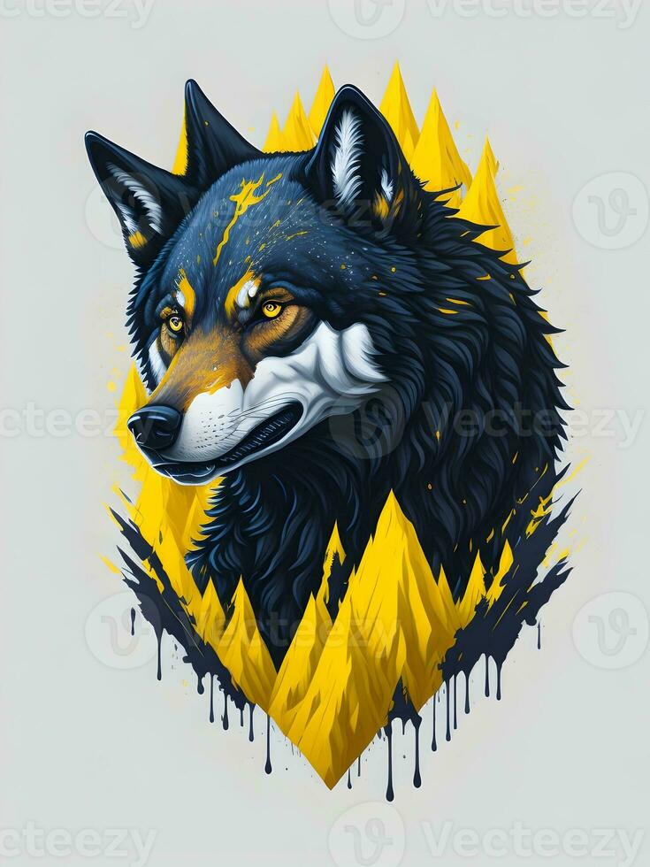 Wolf with mountain and colorful snow illustration on black background for t-shirt design photo