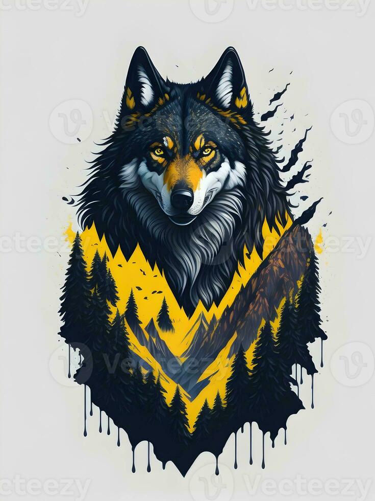 Wolf with mountain and colorful snow illustration on black background for t-shirt design photo