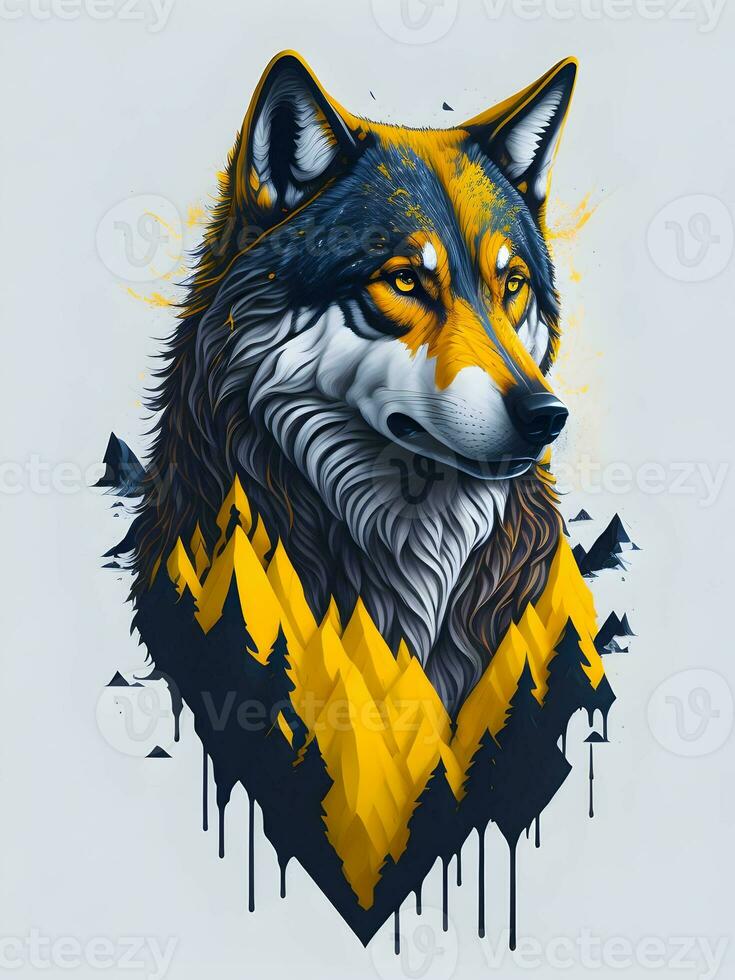 Wolf with mountain and colorful snow illustration on black background for t-shirt design photo