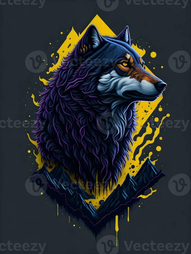 Wolf with mountain and colorful snow illustration on black background for t-shirt design photo