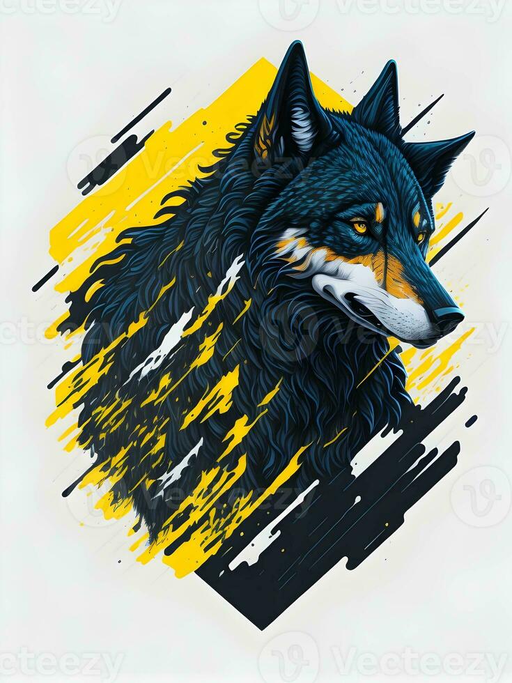 Wolf with mountain and colorful snow illustration on black background for t-shirt design photo