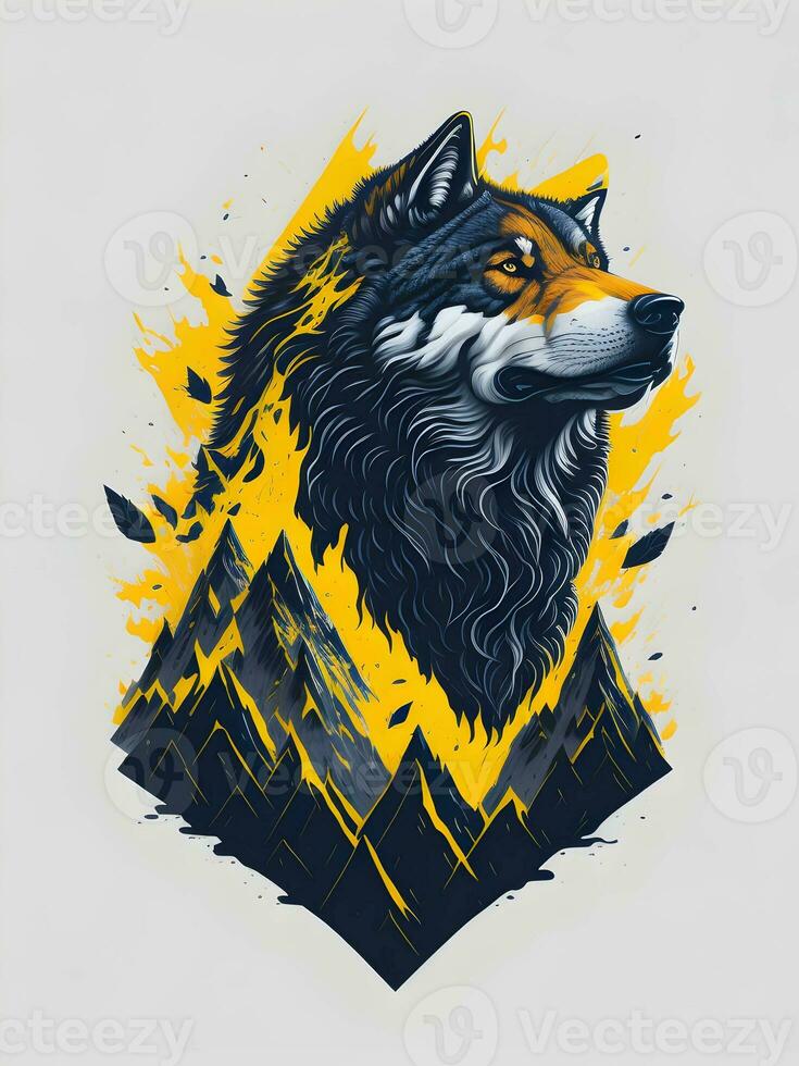 Wolf with mountain and colorful snow illustration on black background for t-shirt design photo