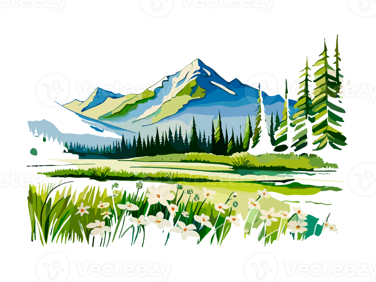 Watercolor landscape with mountains, white flowers, and trees png