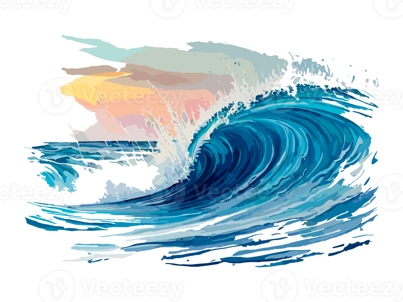 Watercolor blue seawater wave with Dolfin transparent png