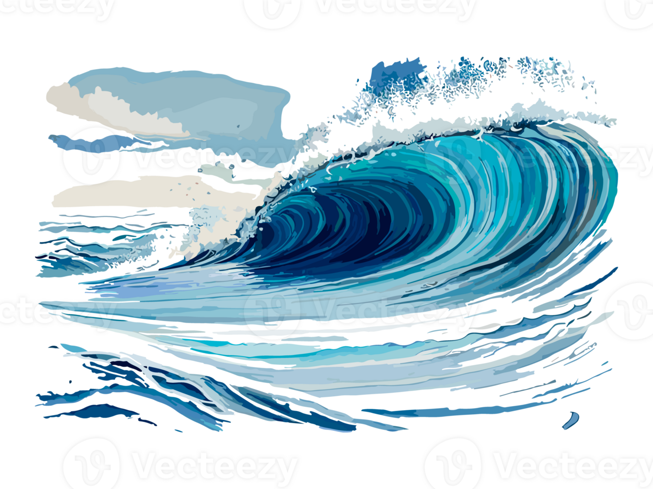 Watercolor blue seawater wave with Dolfin transparent png