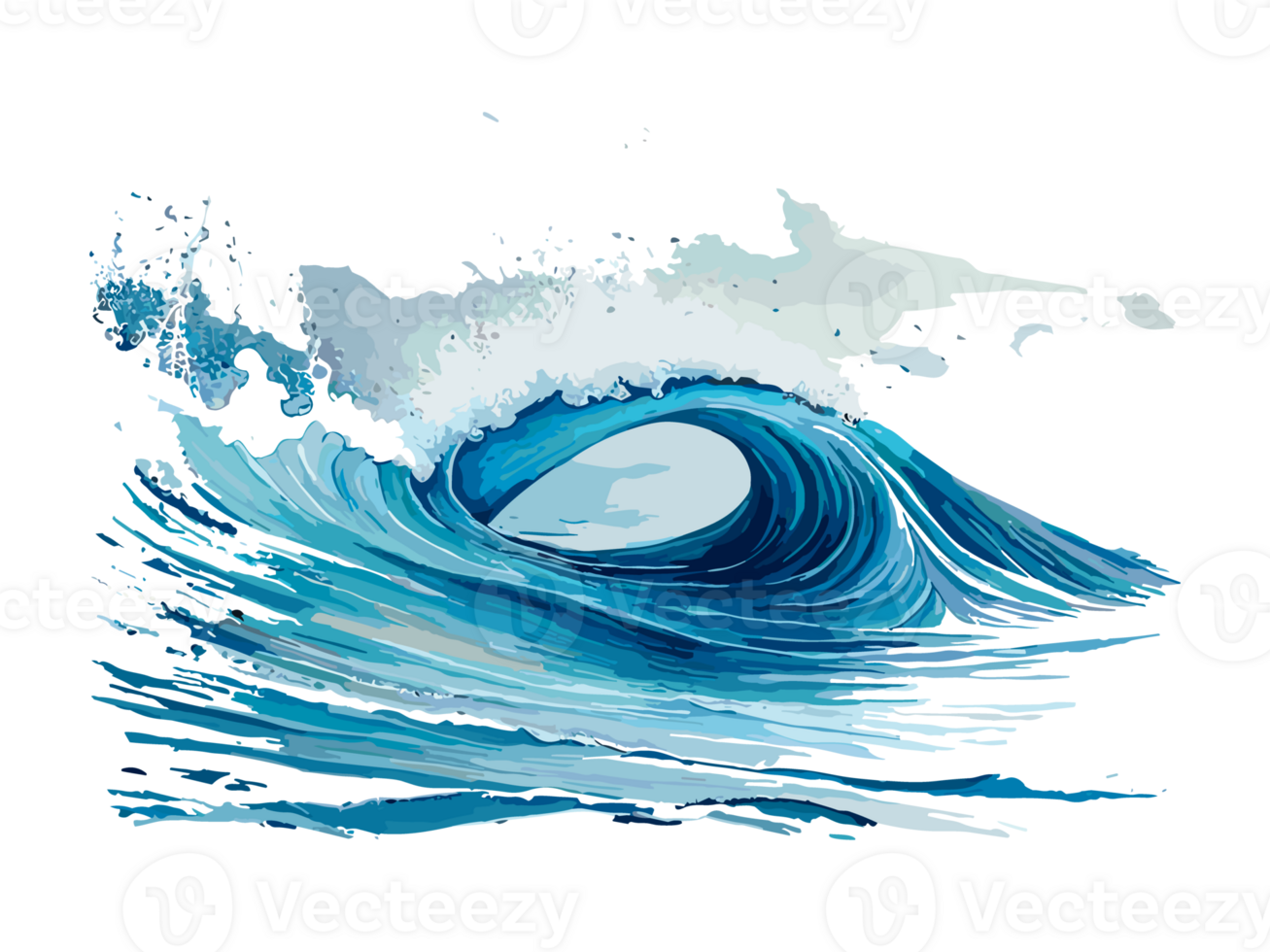 Watercolor blue seawater wave with Dolfin transparent png