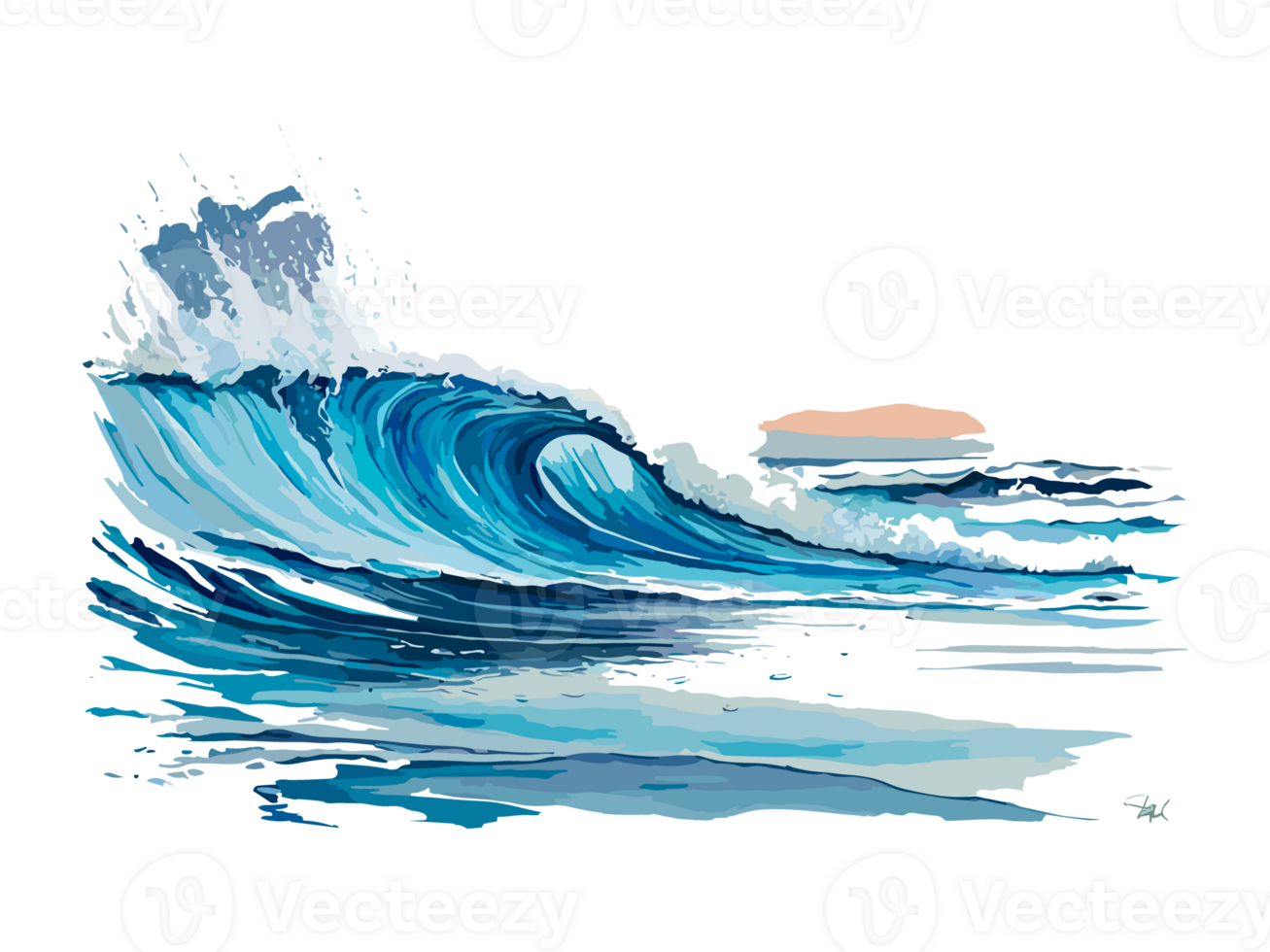 Watercolor blue seawater wave with Dolfin transparent png