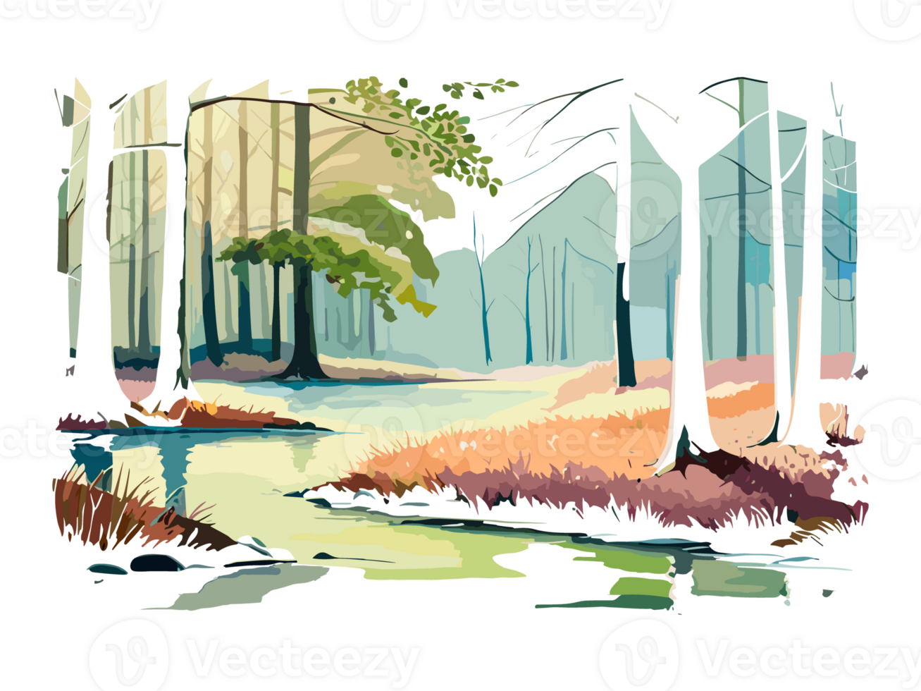 Watercolor green tree forest landscape illustration transparent png