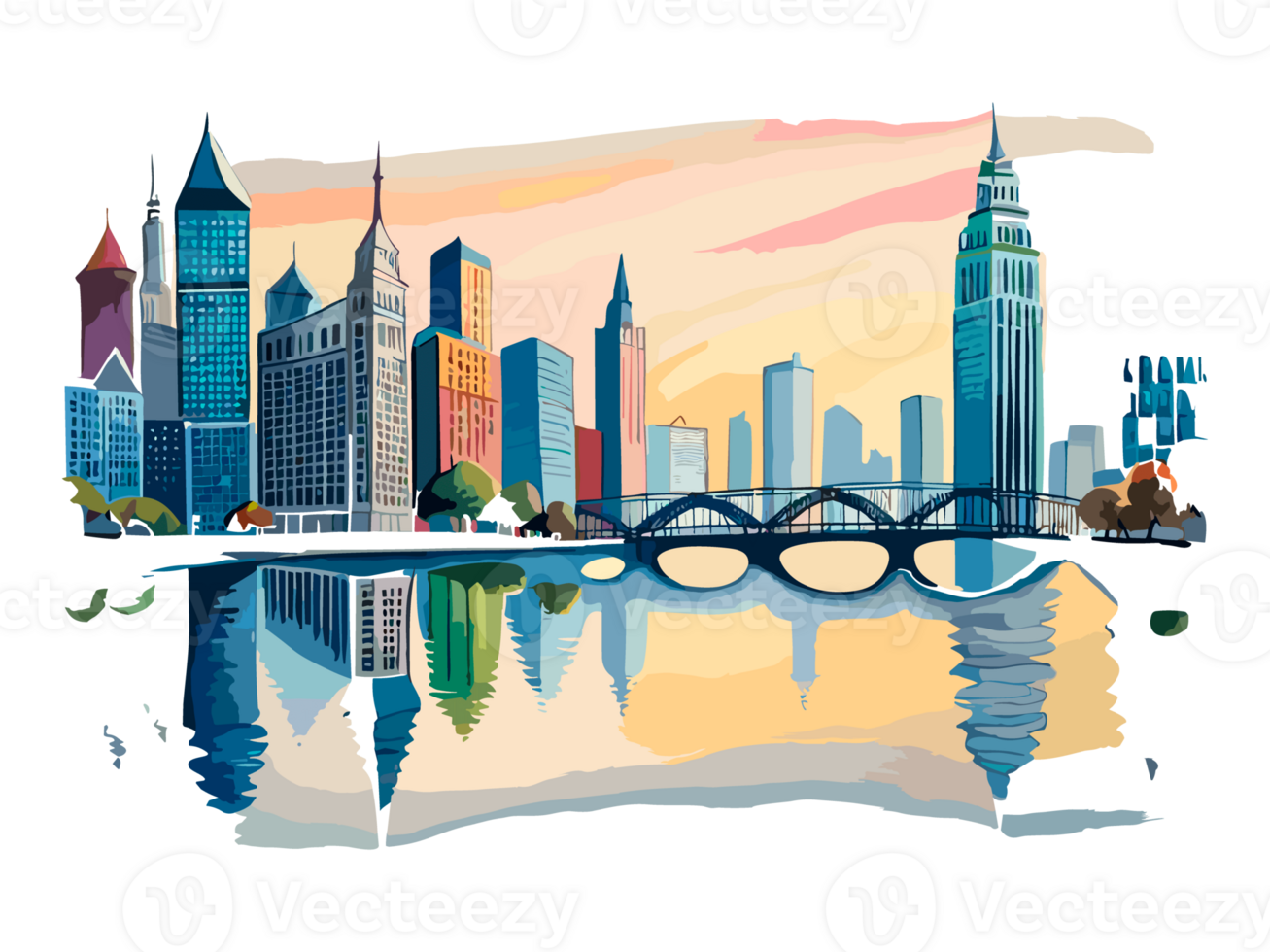 Watercolor cityscape with colorful building and architecture png