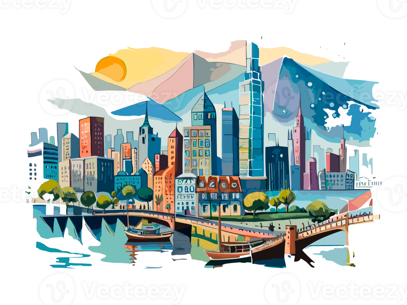 Watercolor cityscape with colorful building and architecture png
